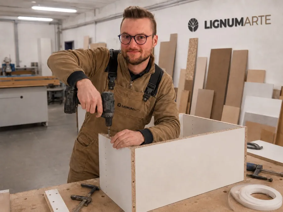Stolarz Lignum Arte skręca korpus szafki w hali produkcyjnej